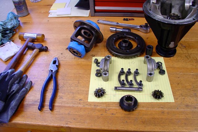 Ring and pinion gears ready for reassembly on a clean workbench
